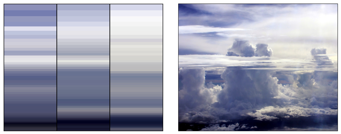 Two images of a cumulonimbus cloud -- one is high resolution and the other is a pixelated version
