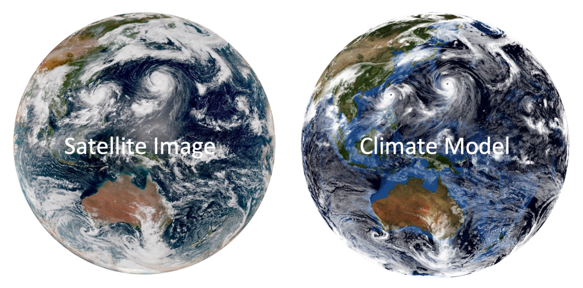 Two pictures of the earth. One with the words 'Satellite Image' and one with the word 'Climate Model'