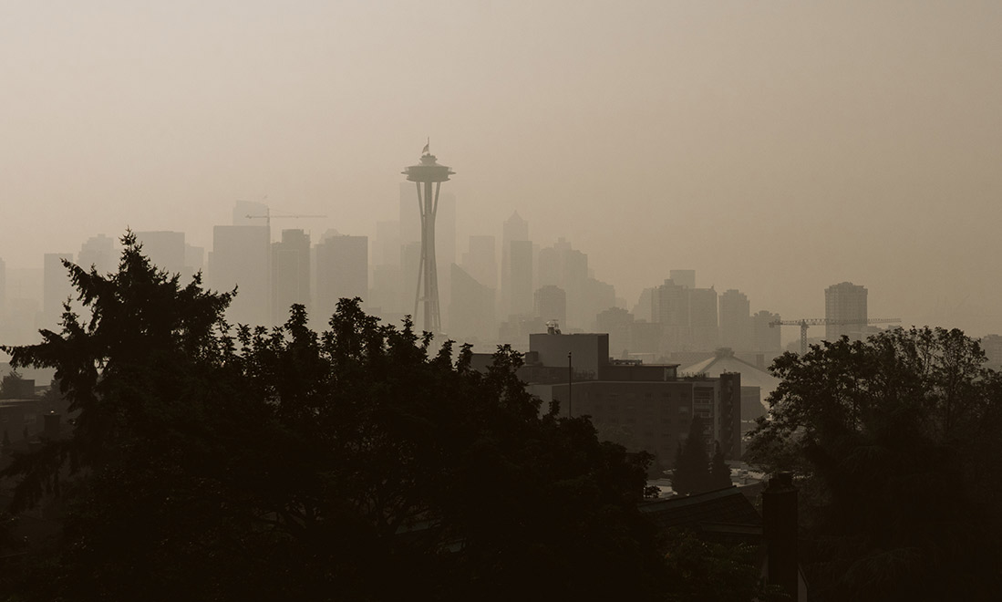 Smoke filled Seattle skyline.