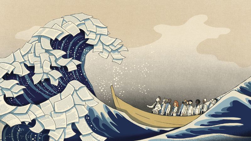 Illustration of scientists on a boat looking at a tidal wave of research papers. Art by Sara Gironi Carnevale via Science Magazine.