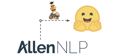 AllenNLP's logo pointing to a huggy face emoji with Bert the muppet smiling on