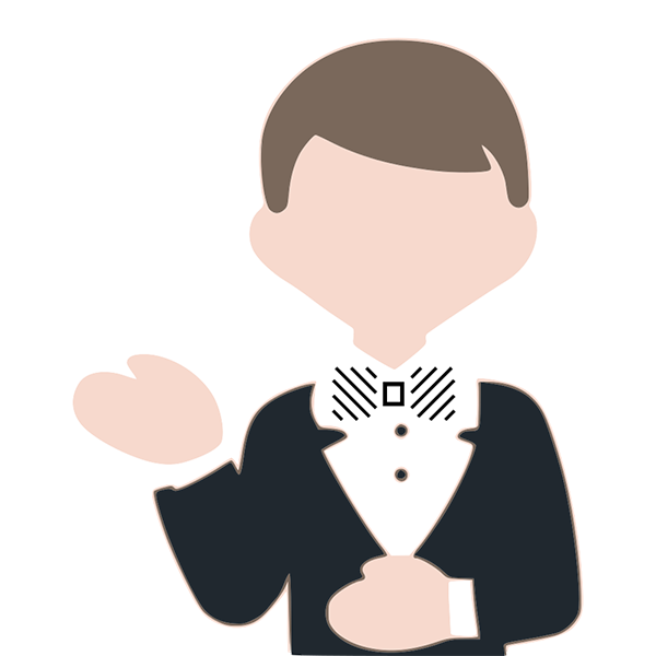 A flat-style cartoon of a butler who is white, with brown hair, and a bowtie