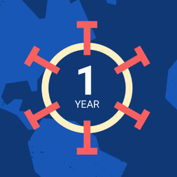 Covid-like icon with '1 year' centered over the virus shape