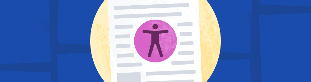 An illustration of a scientific paper on a dark blue background covered in other papers. A purple universal access logo, a stick figure with arms outstretched in a circle, is displayed on top of the paper.