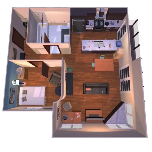A top-down view of a computer-generated home with furniture and objects throughout.