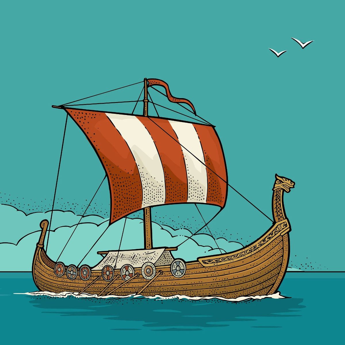 An illustration of a Viking-style ship sailing off of a mountainous coastline.