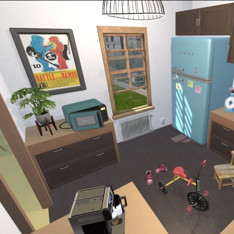 A virtual room filled with 3D objects from Objaverse.