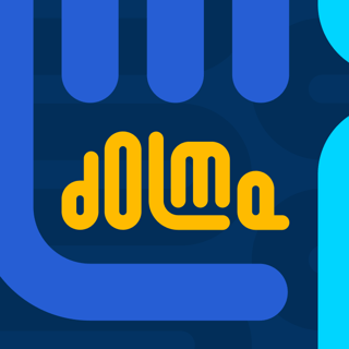 The logo for Dolma, a cartoonish-looking yellow font spelling Dolma between two OLMo logos, which are the same cartoonish font, giving the appearance that Dolma is being eaten by OLMo.